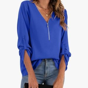 V Neck Zipper Cuffed Roll up Sleeve Casual top Medium Royal blue